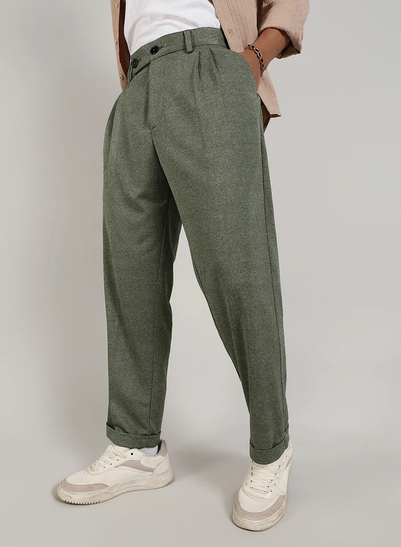 CAHOOT  Men's Olive Green Tailored Heathered Trousers For Casual Wear | Tailored-Fit | Mid-Rise | Button Closure | Trousers Crafted With Comfort Fit For Everyday Wear for Men | Best Price UAE